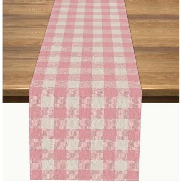 Table Runner 13x72in Woven Polyester Pink Check Spring - Picture 1 of 2